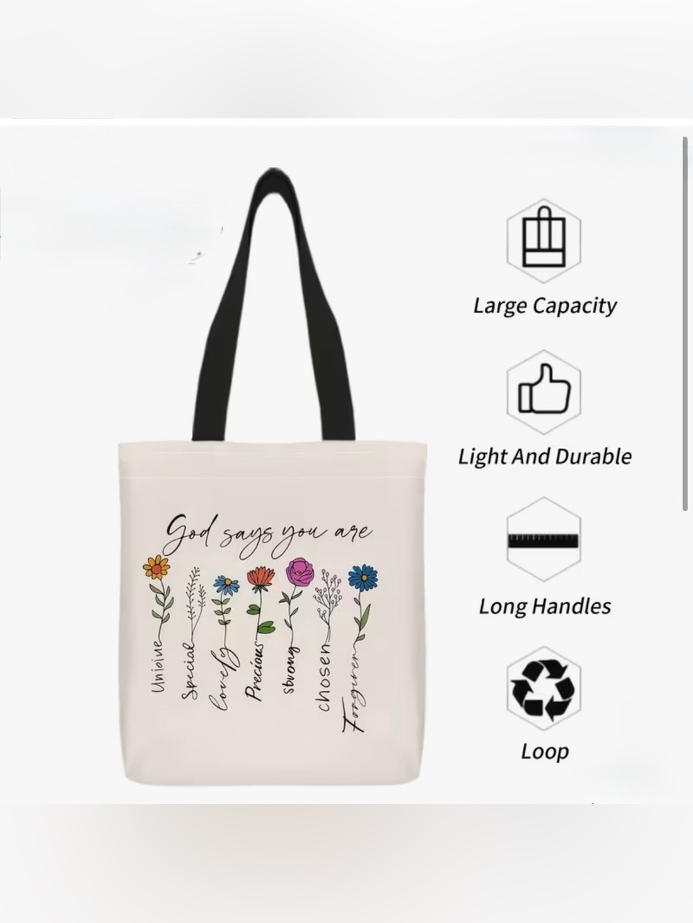 Canvas Floral 'God Says You Are' Tote Bag in Cream - Picture 2 of 10